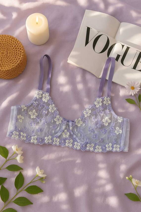 Lila Çiçek İşlemeli Transparan Dantel Sütyen & String Takım - 2