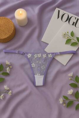 Lila Çiçek İşlemeli Transparan Dantel Sütyen & String Takım - 3