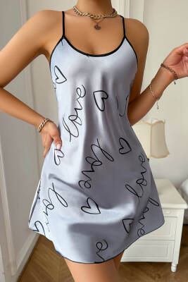 Love Baskılı Gri Saten Gecelik - hepimiz alalım