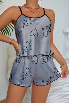 Love Baskılı Gri Saten Şortlu Gecelik Takım - 2