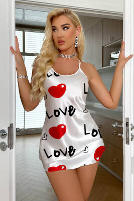 Love Desenli Beyaz Saten Gecelik - hepimiz alalım