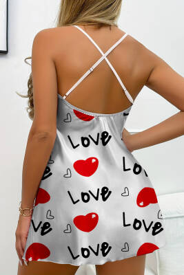 Love Desenli Beyaz Saten Gecelik - 5