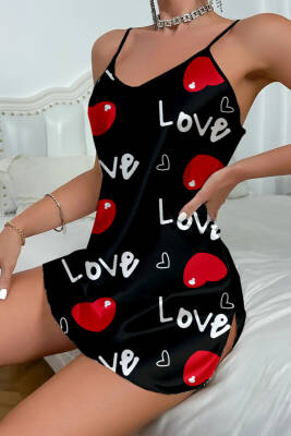 Love Desenli Siyah Saten Gecelik - 3