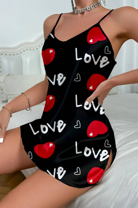 Love Desenli Siyah Saten Gecelik - 3