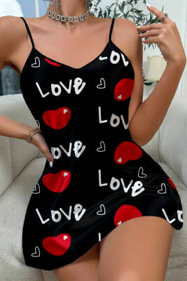 Love Desenli Siyah Saten Gecelik - 4