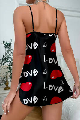 Love Desenli Siyah Saten Gecelik - 5