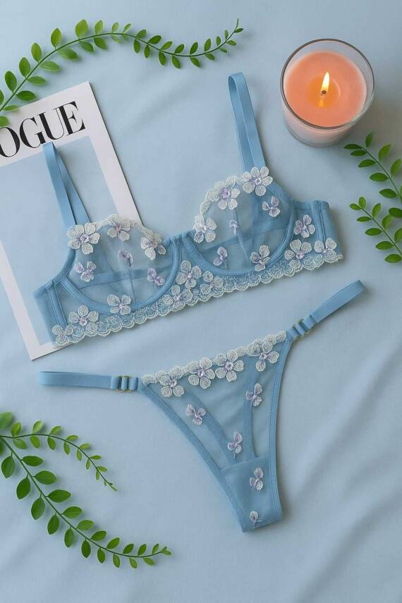 Mavi Çiçek İşlemeli Transparan Dantel Sütyen & String Takım - 1