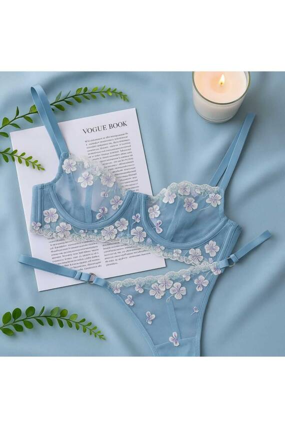Mavi Çiçek İşlemeli Transparan Dantel Sütyen & String Takım - 2