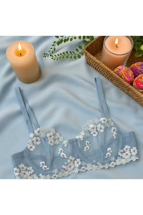 Mavi Çiçek İşlemeli Transparan Dantel Sütyen & String Takım - 3