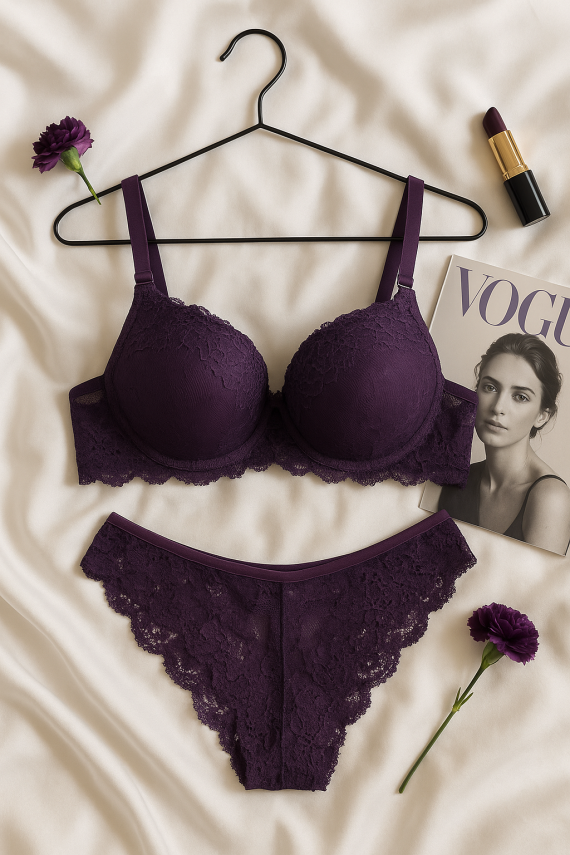 Mor Dantel Detaylı Push Up Sütyen Takımı - 1