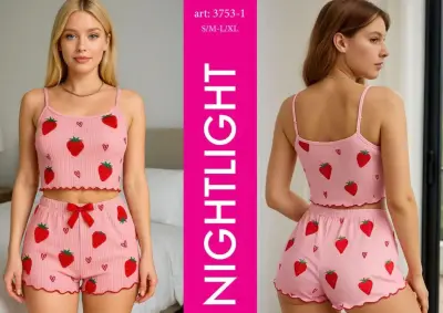 Pembe Çilek Desenli Şortlu Pijama Takımı – Nightlight - 