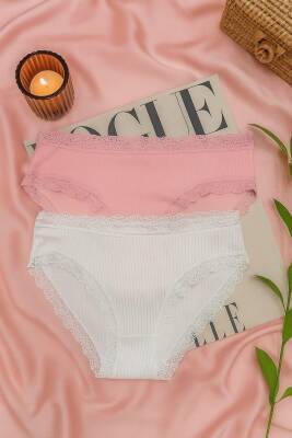 Pamuklu Dantel Detaylı Kadın Slip Külot 2'li Set - Beyaz & Pembe - 3