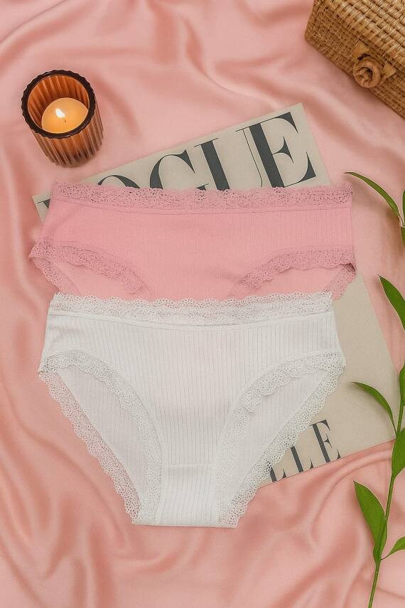 Pamuklu Dantel Detaylı Kadın Slip Külot 2'li Set - Beyaz & Pembe - 3