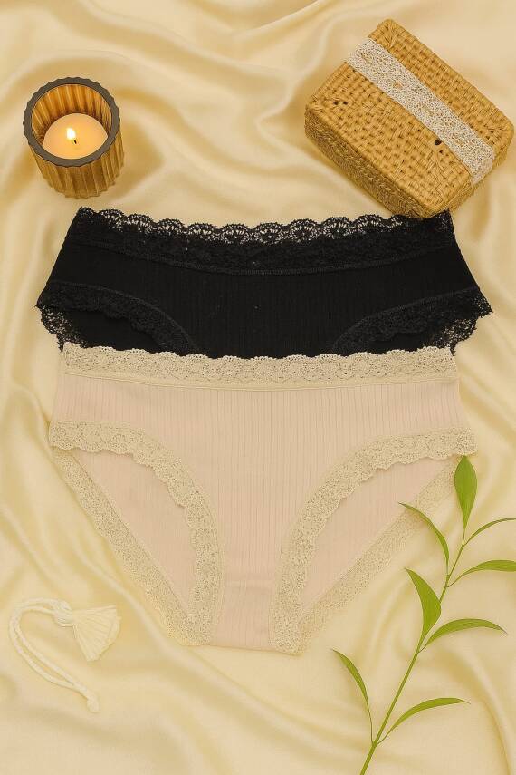 Pamuklu Dantel Detaylı Kadın Slip Külot 2'li Set - KAHVE & SİYAH - 2