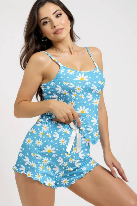 Papatya Baskılı Mavi Askılı Şortlu Pijama Takımı - 1
