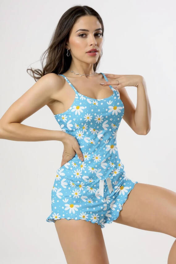 Papatya Baskılı Mavi Askılı Şortlu Pijama Takımı - 2