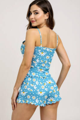 Papatya Baskılı Mavi Askılı Şortlu Pijama Takımı - 3