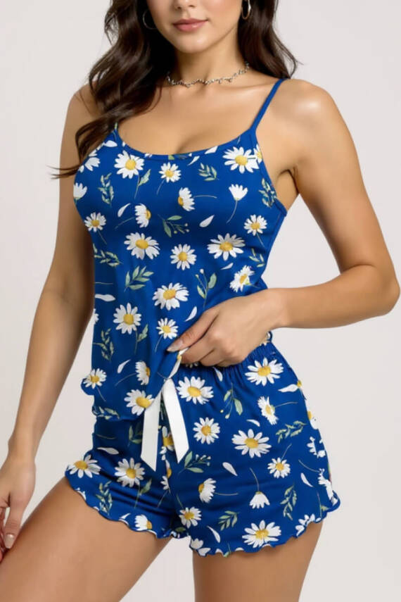 Papatya Desenli Mavi Askılı Şortlu Pijama Takımı - 2
