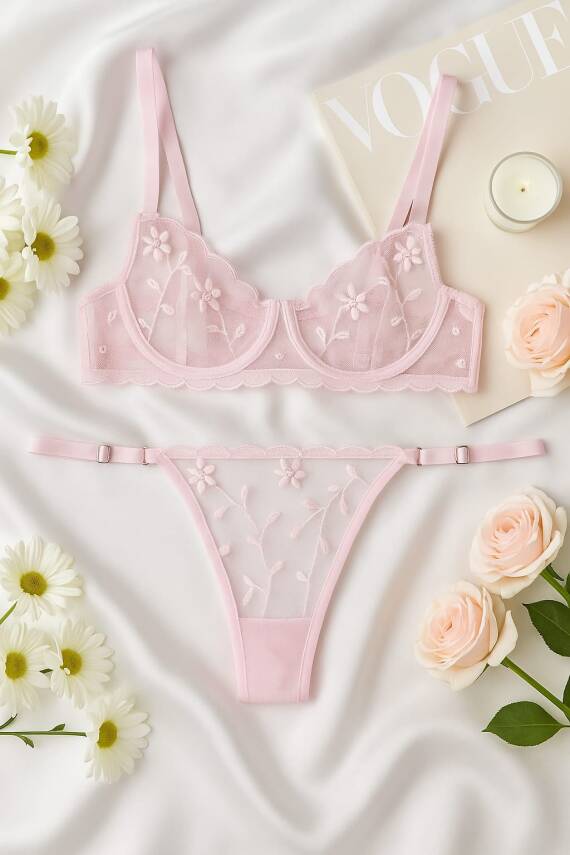 Pembe Çiçek Desenli Dantel Bralet & Külot İç Giyim Takımı - 2