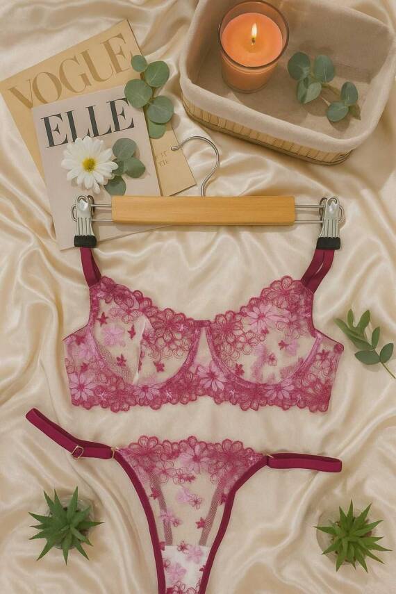Pembe Çiçek İşlemeli Transparan Dantel Bralet & Tanga Takım - 1