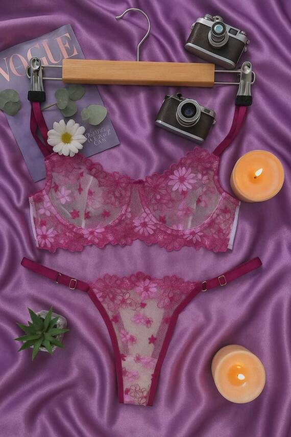 Pembe Çiçek İşlemeli Transparan Dantel Bralet & Tanga Takım - 3