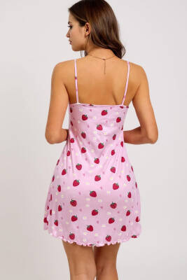 Pembe Çilek Desenli Askılı Kadın Gecelik - 3