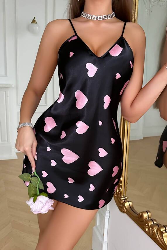 Pembe Kalp Desenli Siyah Saten Gecelik - 2