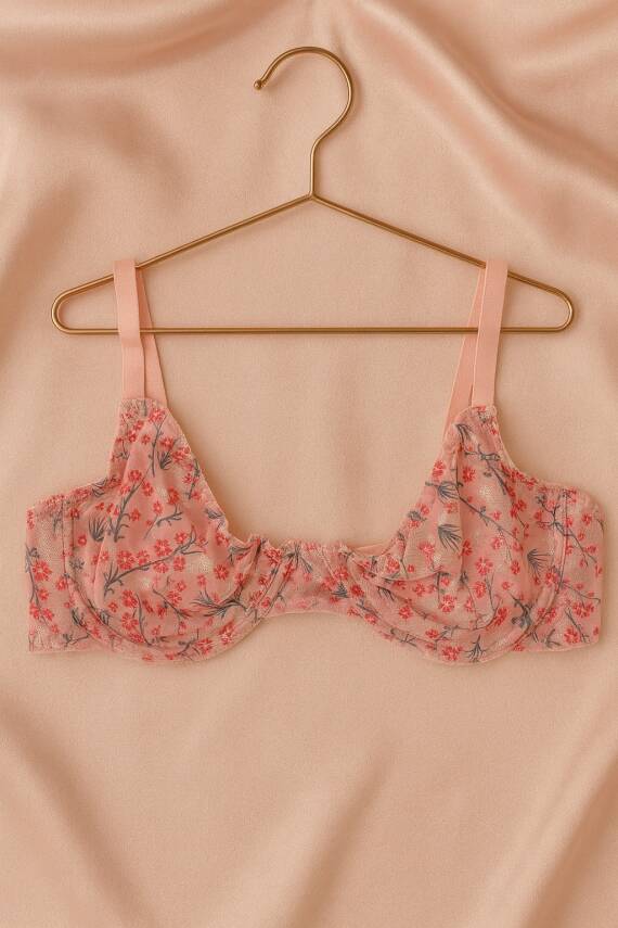 Pudra Çiçek Desenli Fırfırlı Tül Sütyen Külot Takımı - 2