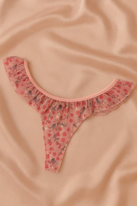 Pudra Çiçek Desenli Fırfırlı Tül Sütyen Külot Takımı - 3