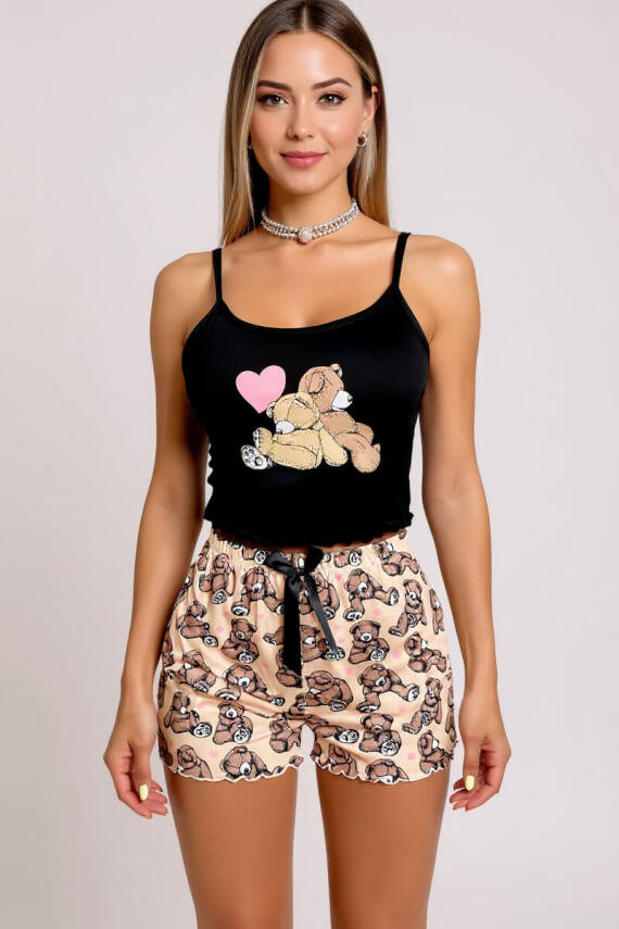 Renkli Ayıcık Desenli Askılı Şortlu Kadın Pijama Takımı - 1