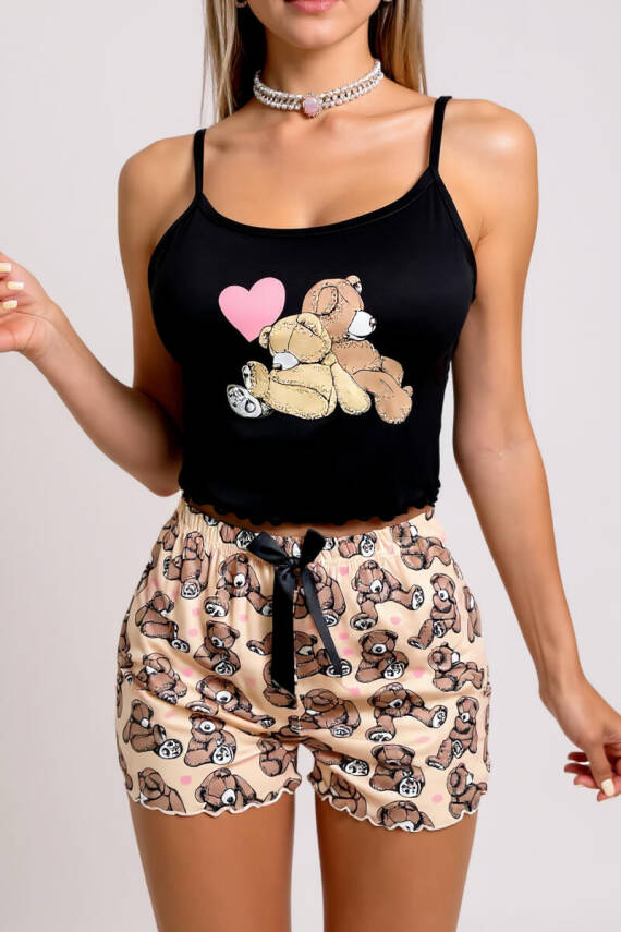 Renkli Ayıcık Desenli Askılı Şortlu Kadın Pijama Takımı - 2
