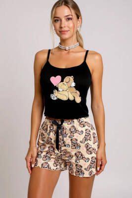Renkli Ayıcık Desenli Askılı Şortlu Kadın Pijama Takımı - 3