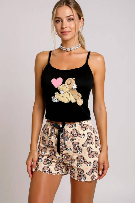 Renkli Ayıcık Desenli Askılı Şortlu Kadın Pijama Takımı - 3