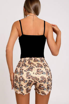 Renkli Ayıcık Desenli Askılı Şortlu Kadın Pijama Takımı - 4