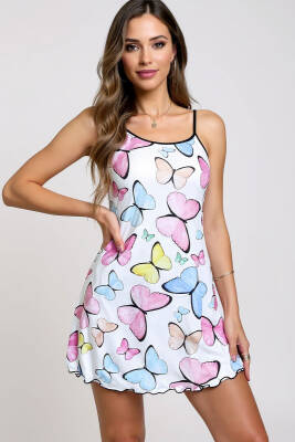 Renkli Kelebek Desenli Askılı Kadın Gecelik - Leyna