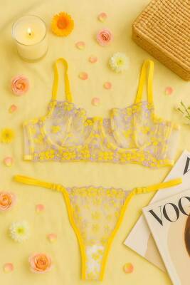 Sarı Çiçek İşlemeli Transparan Dantel Sütyen & String Takım - hepimiz alalım