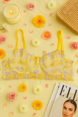 Sarı Çiçek İşlemeli Transparan Dantel Sütyen & String Takım - 2