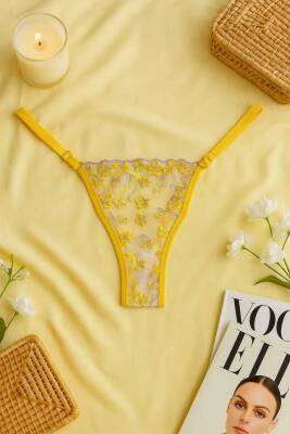 Sarı Çiçek İşlemeli Transparan Dantel Sütyen & String Takım - 3