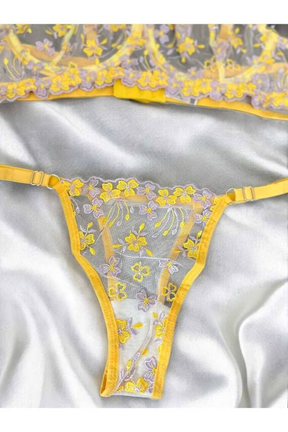 Sarı Çiçek İşlemeli Transparan Dantel Sütyen & String Takım - 4