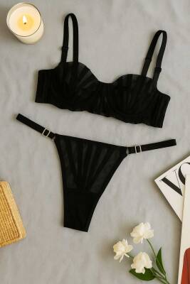 Şık Siyah Transparan Dantelli Sütyen ve Tanga Takımı - hepimiz alalım