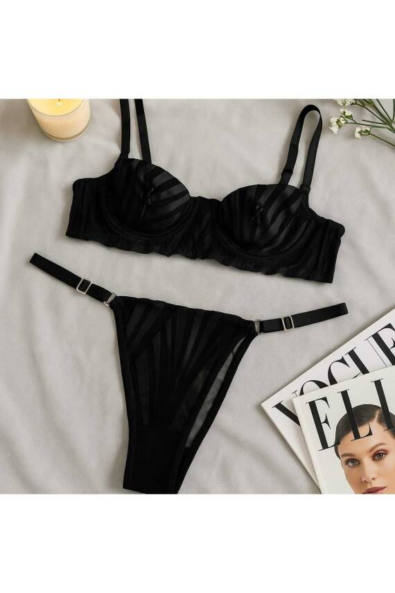 Şık Siyah Transparan Dantelli Sütyen ve Tanga Takımı - 3