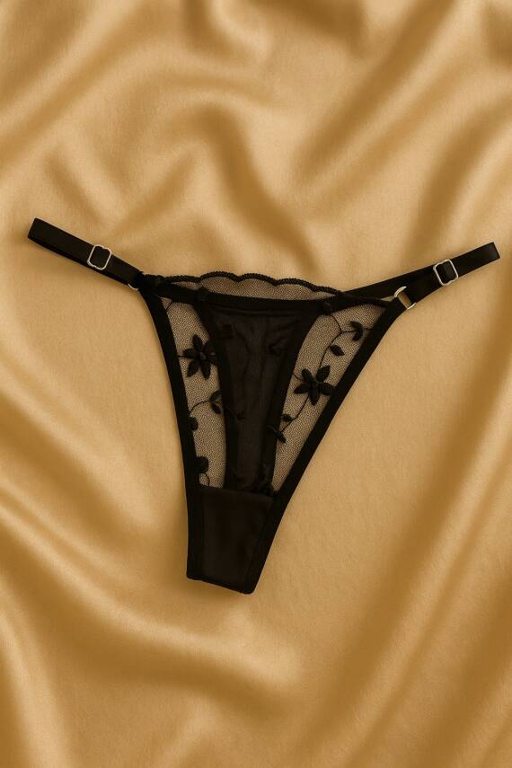 Siyah Çiçek Desenli Dantel Bralet & Külot İç Giyim Takımı - 3