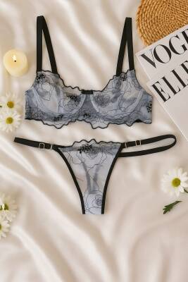 Siyah Çiçek Desenli Dantel Bralet & Külot İç Giyim Takımı - hepimiz alalım