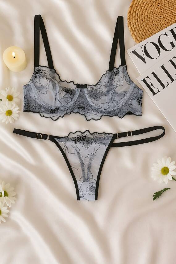 Siyah Çiçek Desenli Dantel Bralet & Külot İç Giyim Takımı - 1