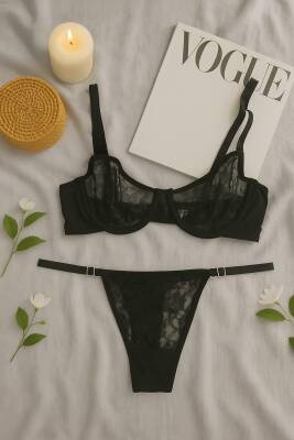 Siyah Dantel Transparan Sütyen String Takım - hepimiz alalım