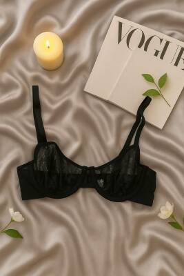 Siyah Dantel Transparan Sütyen String Takım - 2