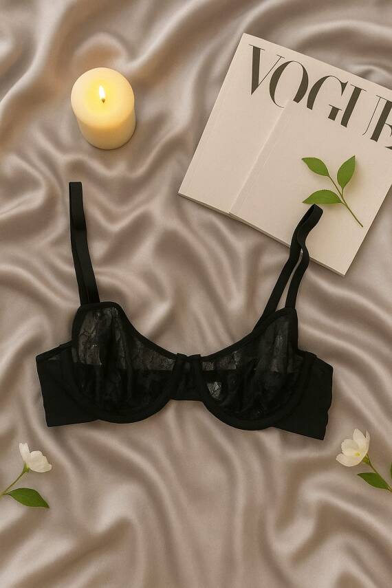 Siyah Dantel Transparan Sütyen String Takım - 2