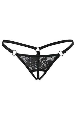Siyah Dantelli Özel Bölgesi Açık G-String TM1167 - hepimiz alalım