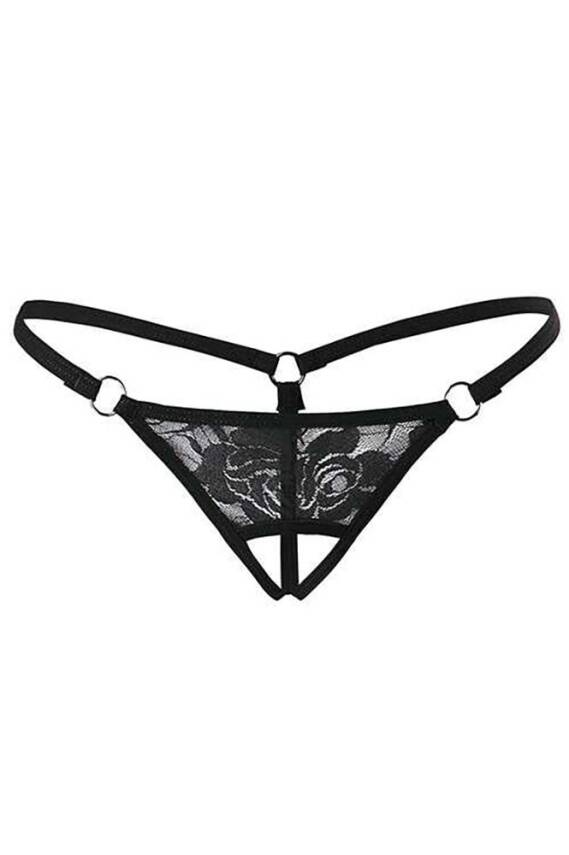Siyah Dantelli Özel Bölgesi Açık G-String TM1167 - 1