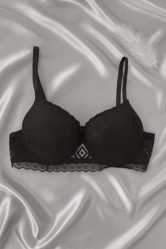 Siyah Dantelli Push Up Sütyen Takımı - 2